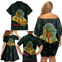 Iraq Family Matching Off Shoulder Short Dress and Hawaiian Shirt with Palm Tree Landscape and Map Silhouette Design - Wonder Print Shop