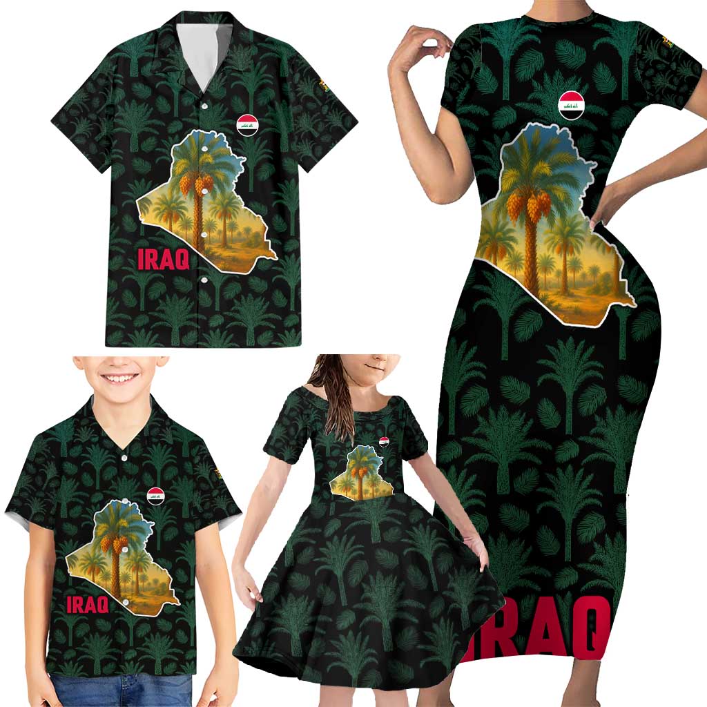 Iraq Family Matching Short Sleeve Bodycon Dress and Hawaiian Shirt with Palm Tree Landscape and Map Silhouette Design - Wonder Print Shop