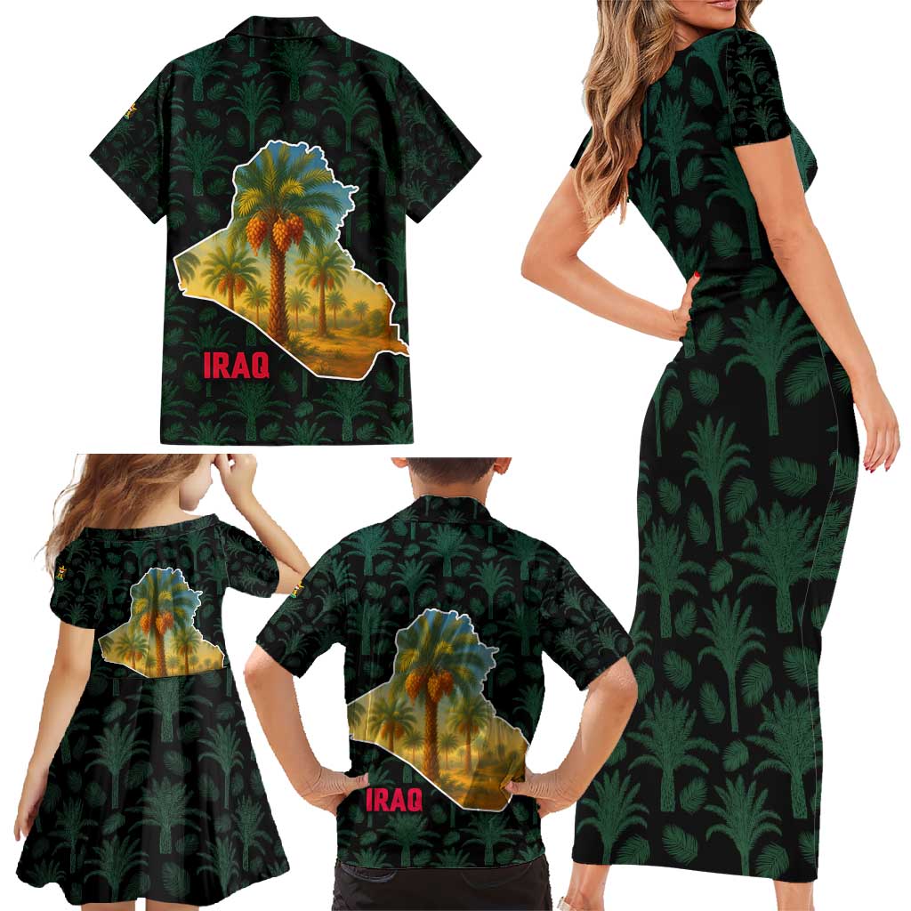 Iraq Family Matching Short Sleeve Bodycon Dress and Hawaiian Shirt with Palm Tree Landscape and Map Silhouette Design - Wonder Print Shop