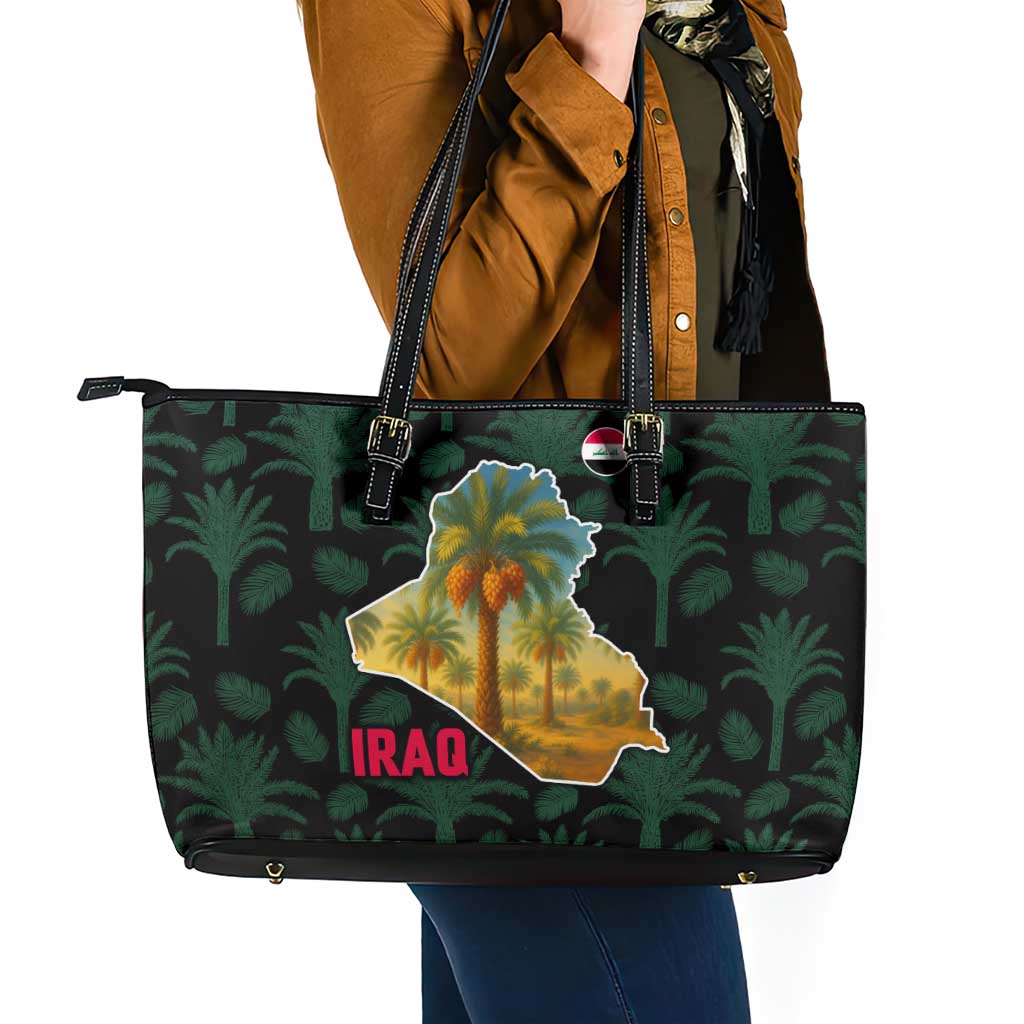 Iraq Leather Tote Bag with Palm Tree Landscape and Map Silhouette Design - Wonder Print Shop