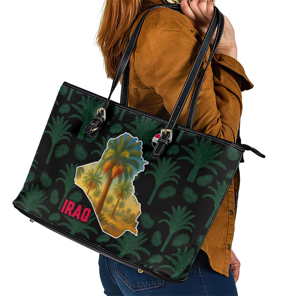 Iraq Leather Tote Bag with Palm Tree Landscape and Map Silhouette Design - Wonder Print Shop