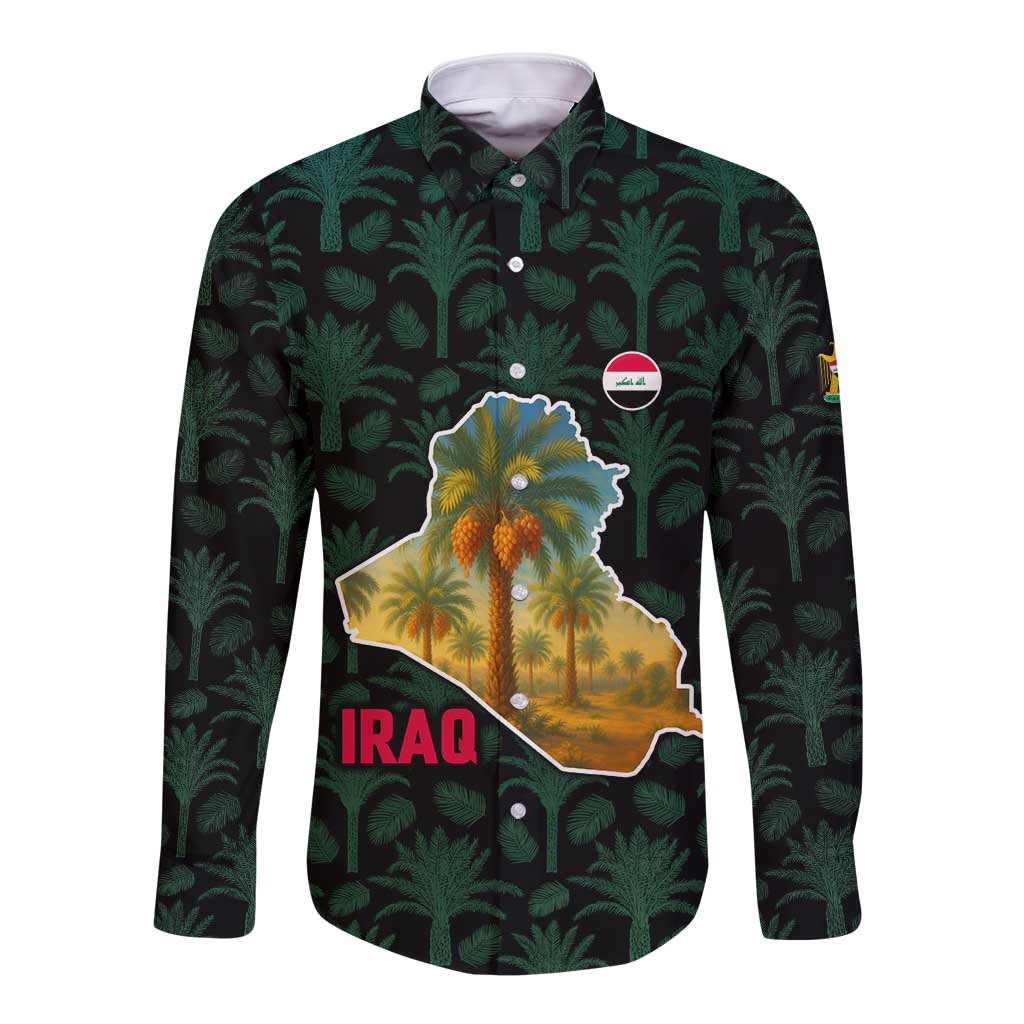 Iraq Long Sleeve Button Shirt with Palm Tree Landscape and Map Silhouette Design - Wonder Print Shop