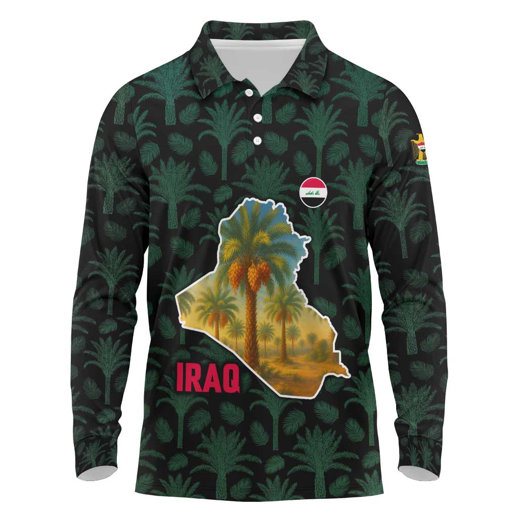Iraq Long Sleeve Polo Shirt with Palm Tree Landscape and Map Silhouette Design - Wonder Print Shop