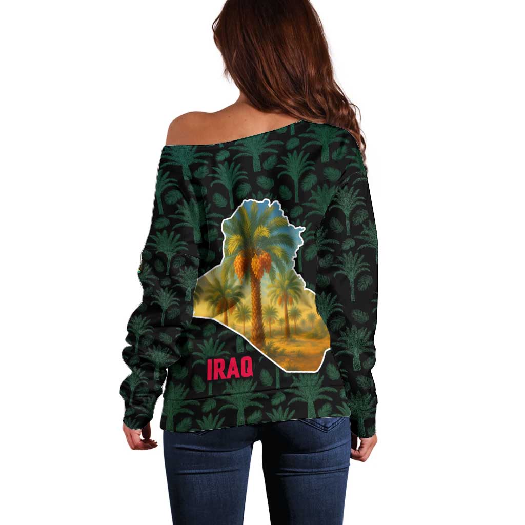 Iraq Off Shoulder Sweater with Palm Tree Landscape and Map Silhouette Design - Wonder Print Shop