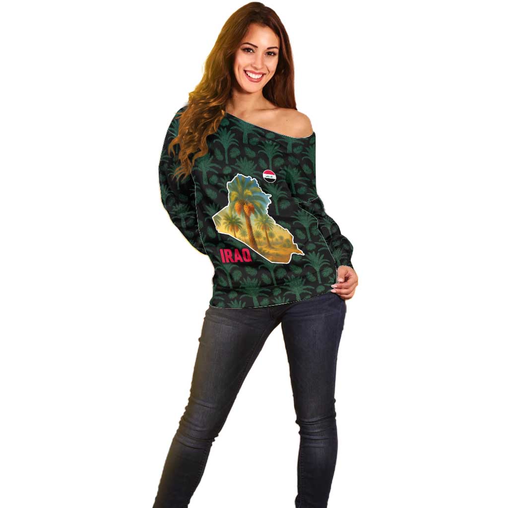 Iraq Off Shoulder Sweater with Palm Tree Landscape and Map Silhouette Design - Wonder Print Shop