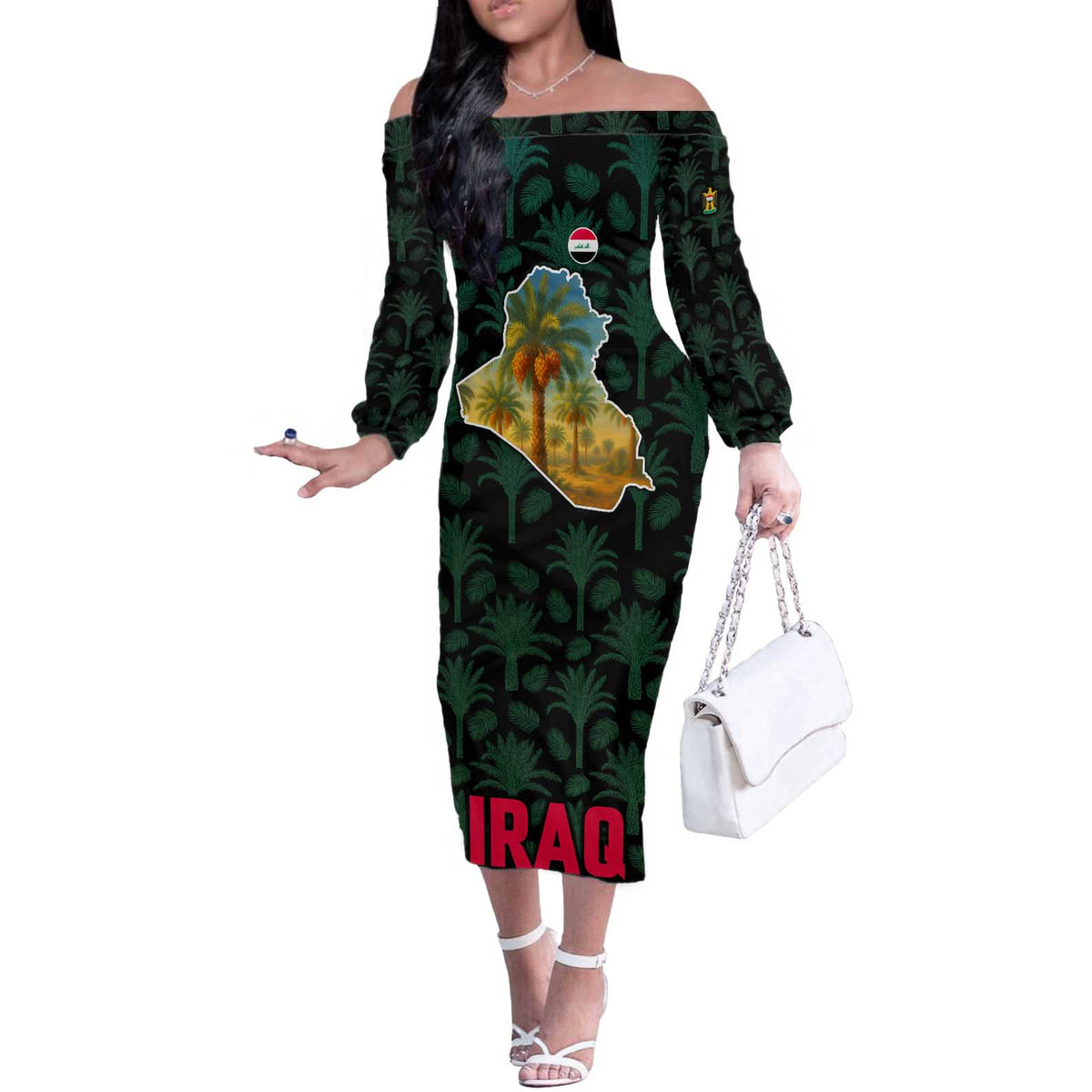 Iraq Off The Shoulder Long Sleeve Dress with Palm Tree Landscape and Map Silhouette Design - Wonder Print Shop