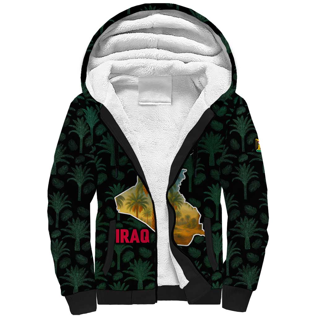 Iraq Sherpa Hoodie with Palm Tree Landscape and Map Silhouette Design - Wonder Print Shop