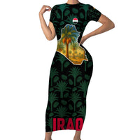 Iraq Short Sleeve Bodycon Dress with Palm Tree Landscape and Map Silhouette Design - Wonder Print Shop