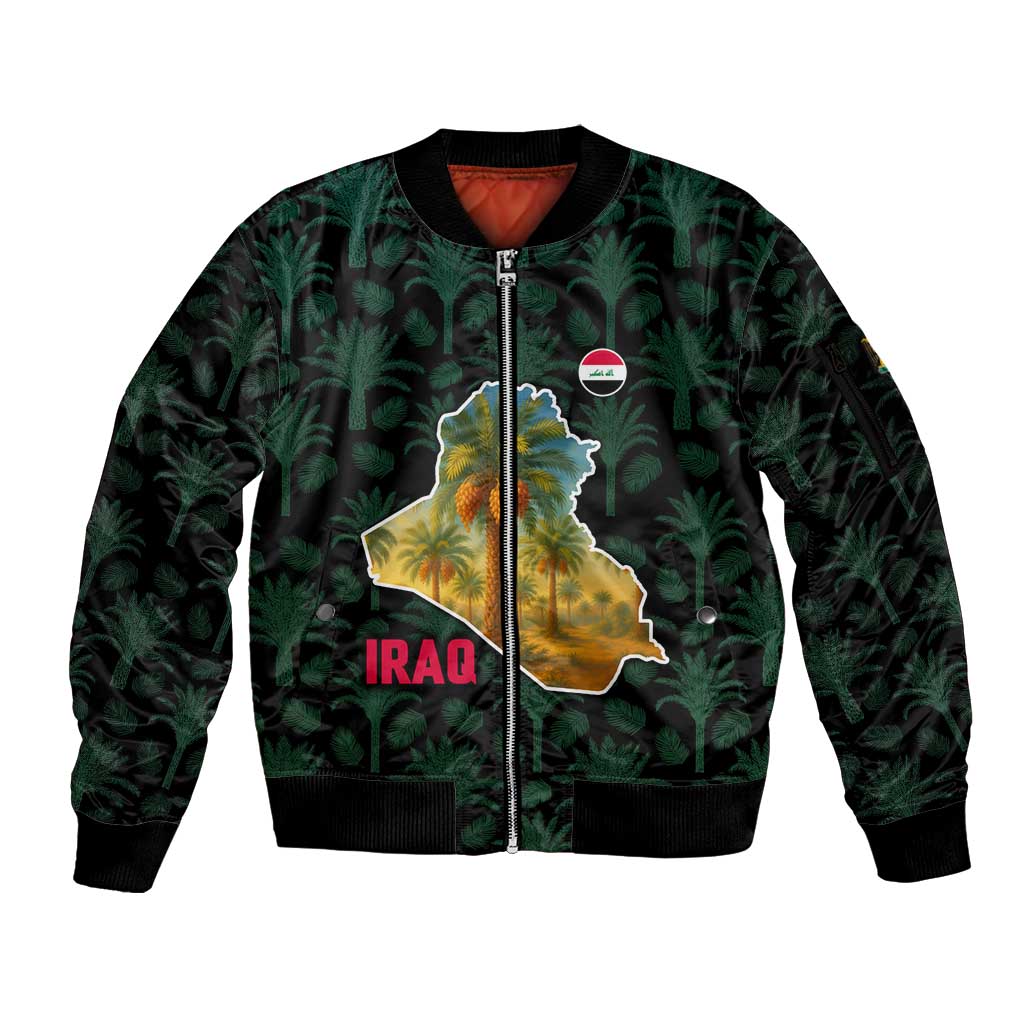 Iraq Sleeve Zip Bomber Jacket with Palm Tree Landscape and Map Silhouette Design - Wonder Print Shop