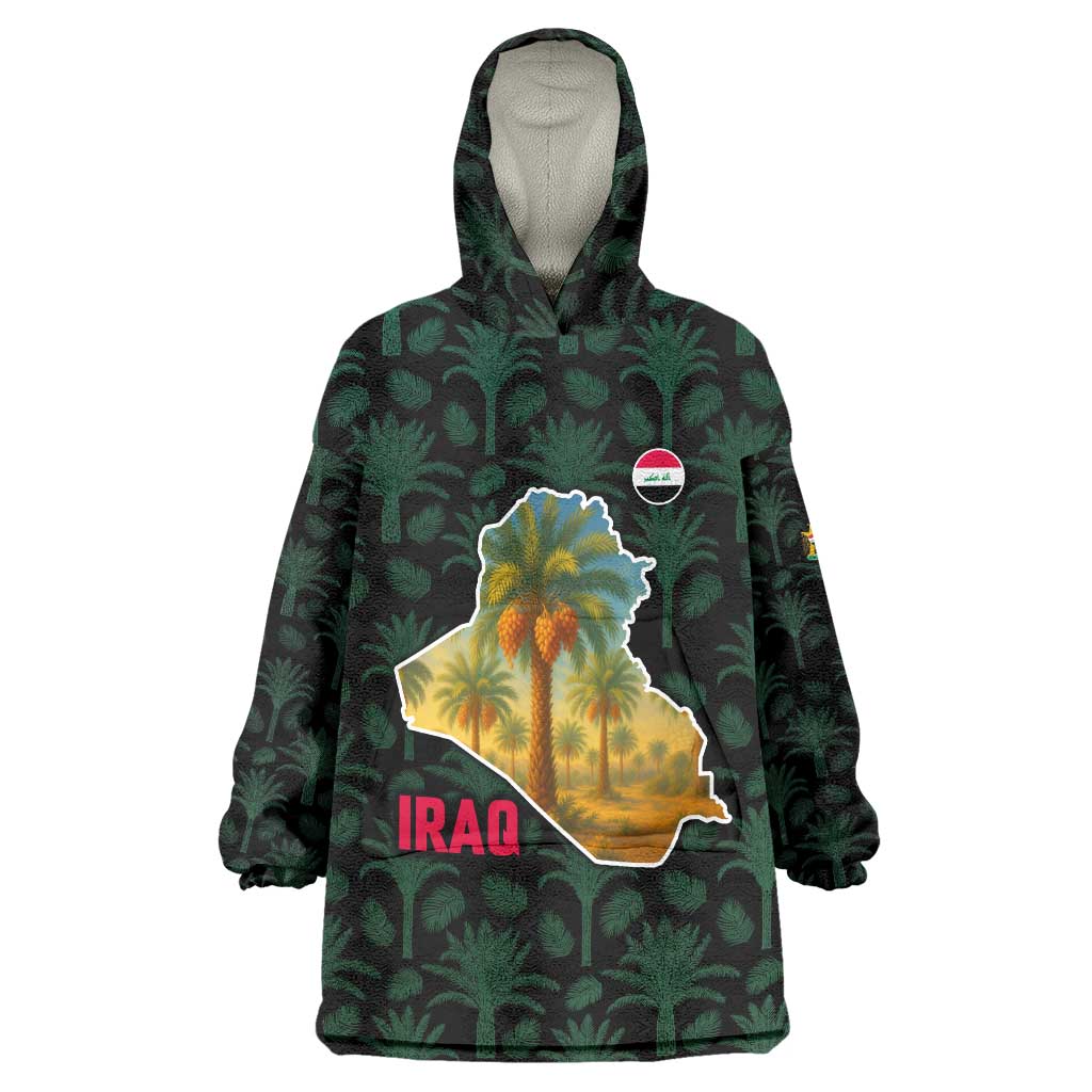 Iraq Wearable Blanket Hoodie with Palm Tree Landscape and Map Silhouette Design - Wonder Print Shop