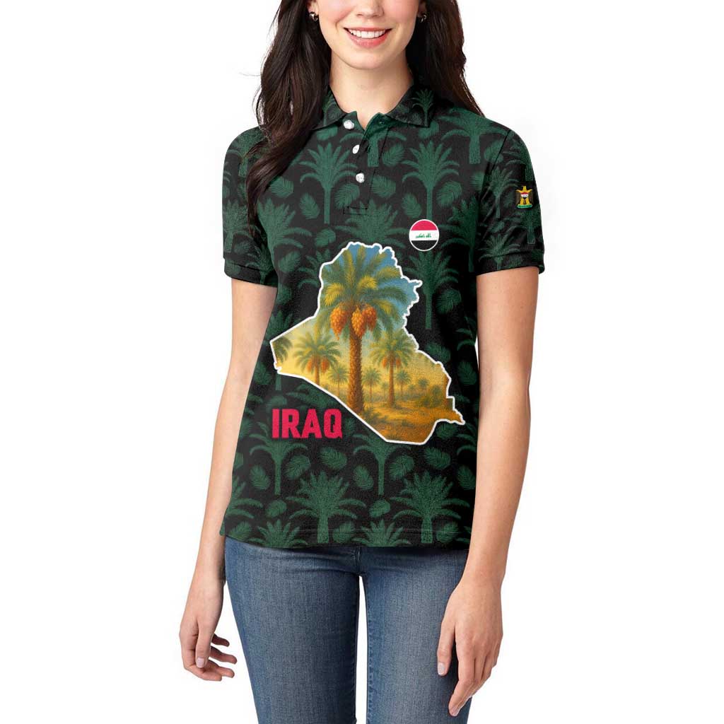 Iraq Women Polo Shirt with Palm Tree Landscape and Map Silhouette Design - Wonder Print Shop