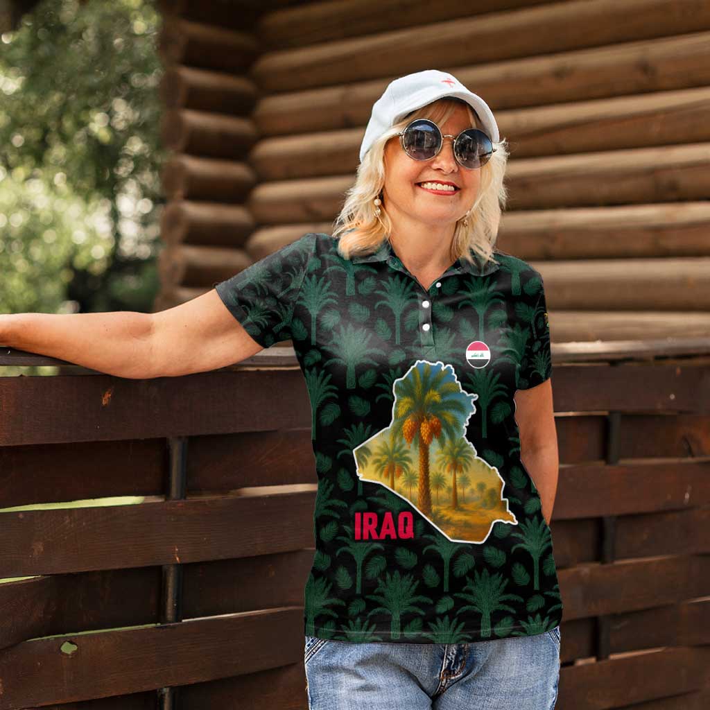 Iraq Women Polo Shirt with Palm Tree Landscape and Map Silhouette Design - Wonder Print Shop