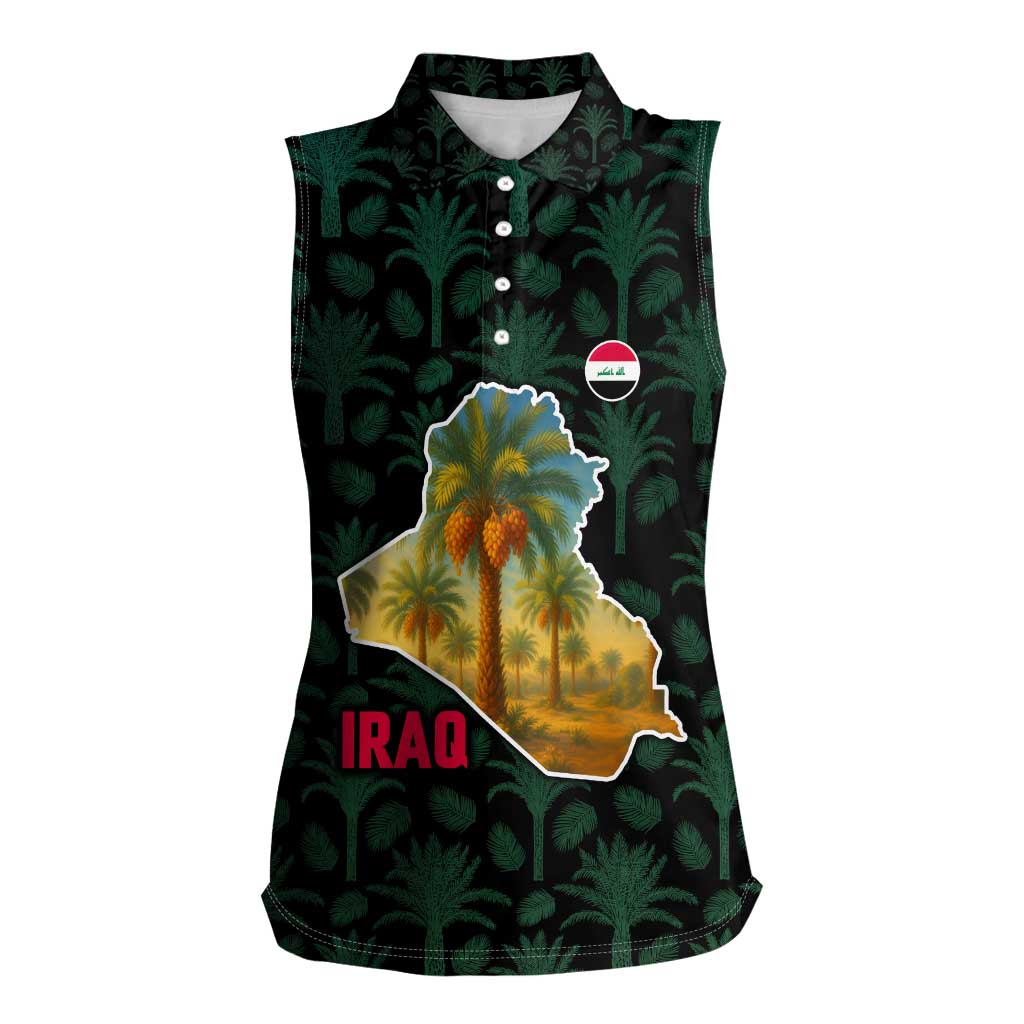 Iraq Women Sleeveless Polo Shirt with Palm Tree Landscape and Map Silhouette Design - Wonder Print Shop