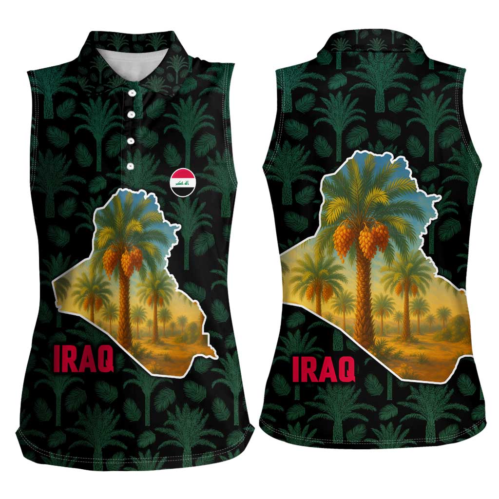 Iraq Women Sleeveless Polo Shirt with Palm Tree Landscape and Map Silhouette Design - Wonder Print Shop