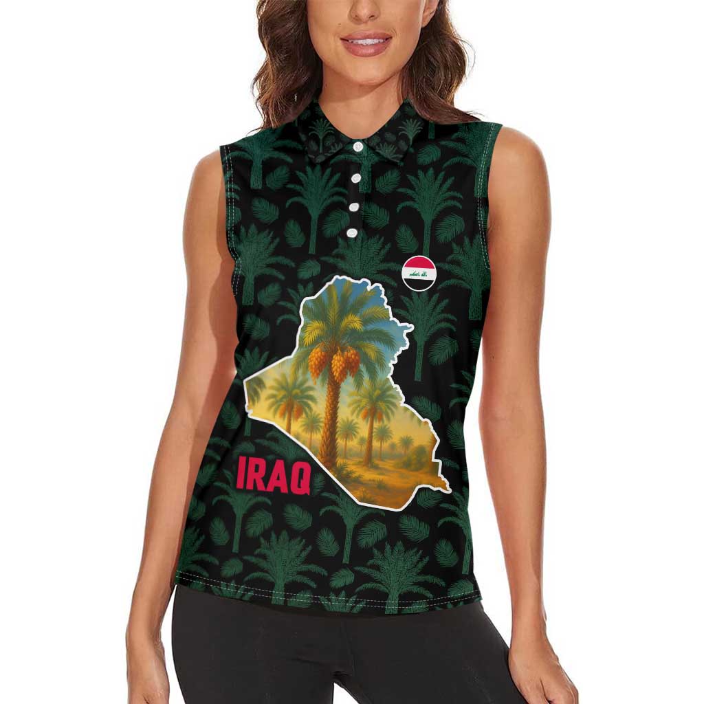 Iraq Women Sleeveless Polo Shirt with Palm Tree Landscape and Map Silhouette Design - Wonder Print Shop