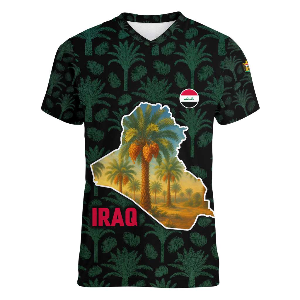 Iraq Women V-Neck T-Shirt with Palm Tree Landscape and Map Silhouette Design - Wonder Print Shop