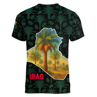 Iraq Women V-Neck T-Shirt with Palm Tree Landscape and Map Silhouette Design - Wonder Print Shop