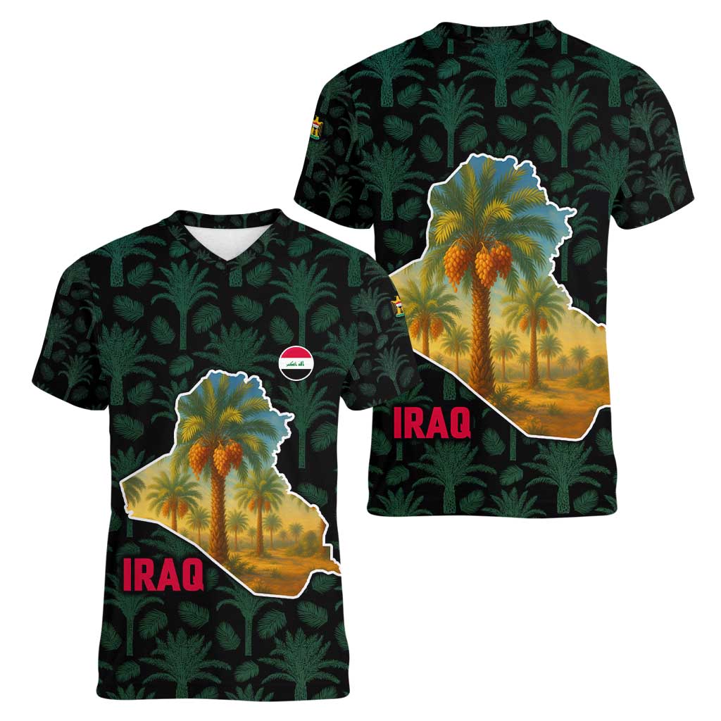Iraq Women V-Neck T-Shirt with Palm Tree Landscape and Map Silhouette Design - Wonder Print Shop