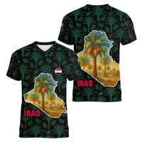 Iraq Women V-Neck T-Shirt with Palm Tree Landscape and Map Silhouette Design - Wonder Print Shop