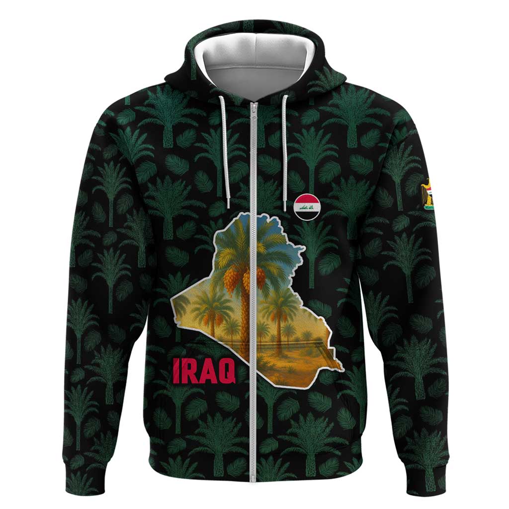 Iraq Zip Hoodie with Palm Tree Landscape and Map Silhouette Design - Wonder Print Shop