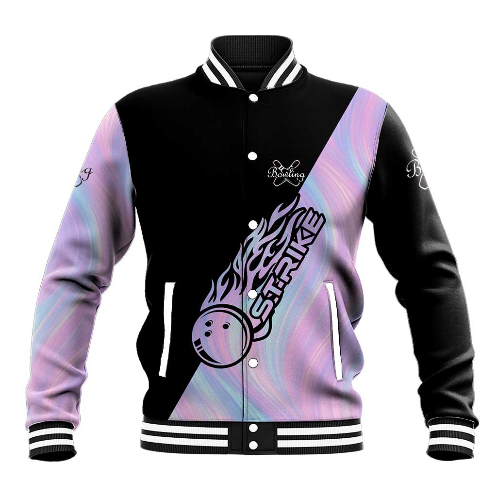Bowling Strike Graphic Baseball Jacket Custom Flaming Ball and Pastel Gradient Swirl Pattern Design - Wonder Print Shop