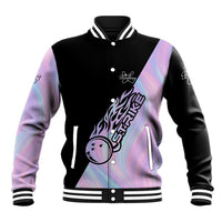 Bowling Strike Graphic Baseball Jacket Custom Flaming Ball and Pastel Gradient Swirl Pattern Design - Wonder Print Shop