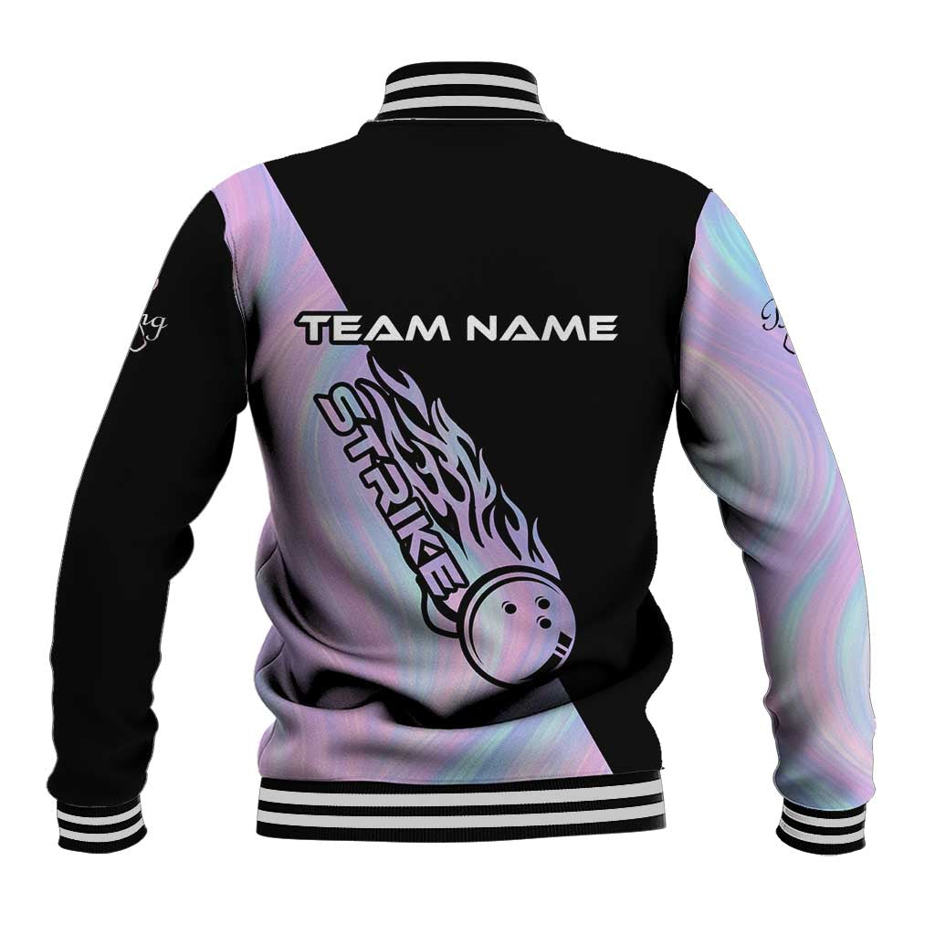 Bowling Strike Graphic Baseball Jacket Custom Flaming Ball and Pastel Gradient Swirl Pattern Design - Wonder Print Shop