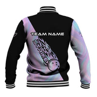 Bowling Strike Graphic Baseball Jacket Custom Flaming Ball and Pastel Gradient Swirl Pattern Design - Wonder Print Shop