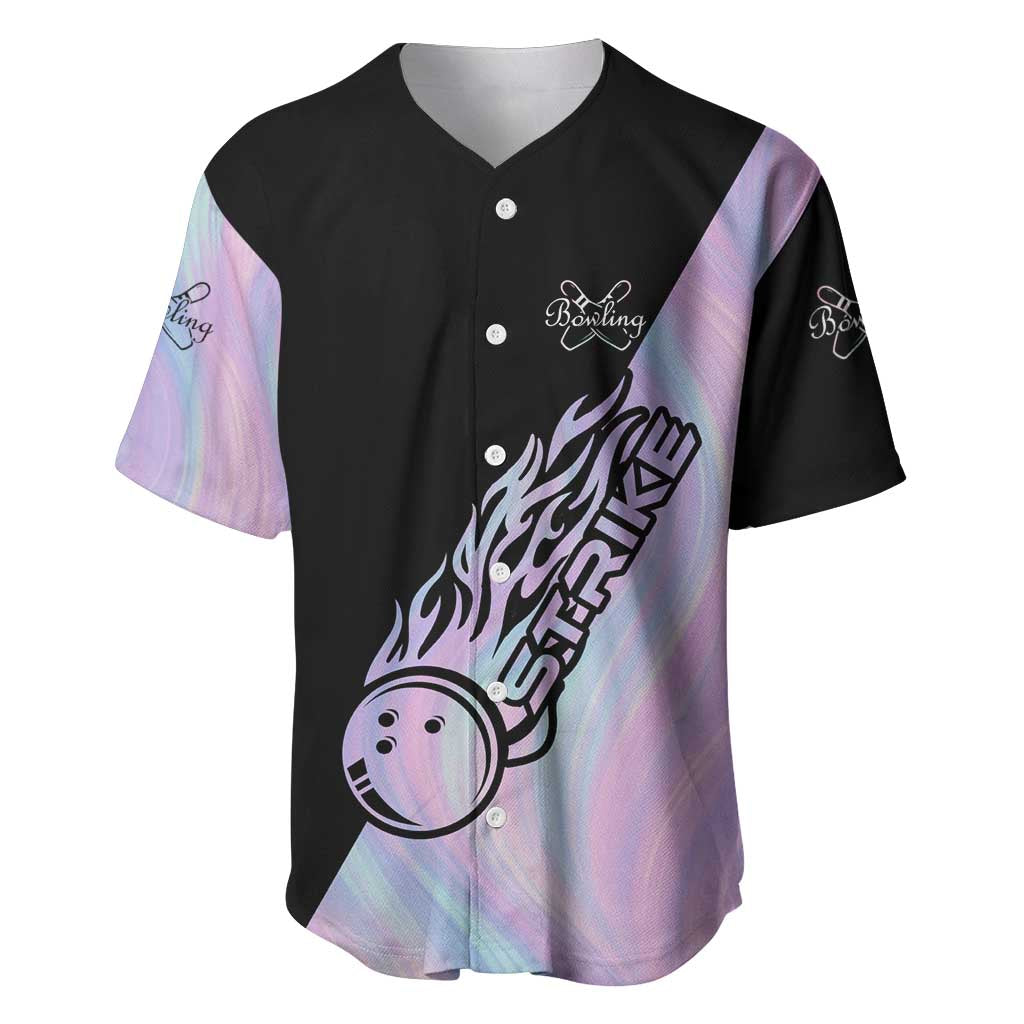 Bowling Strike Graphic Baseball Jersey Custom Flaming Ball and Pastel Gradient Swirl Pattern Design - Wonder Print Shop