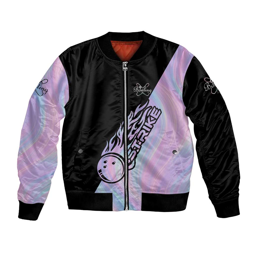 Bowling Strike Graphic Bomber Jacket Custom Flaming Ball and Pastel Gradient Swirl Pattern Design - Wonder Print Shop