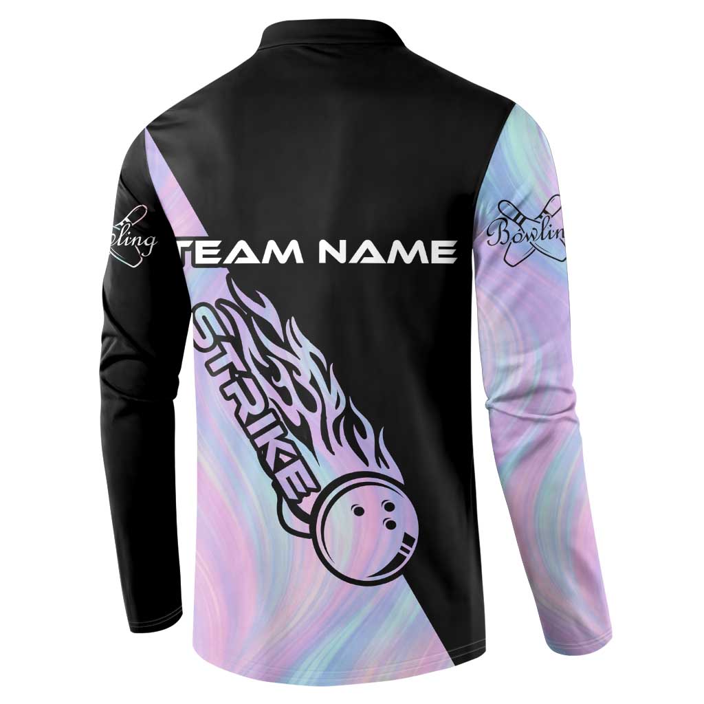 Bowling Strike Graphic Button Sweatshirt Custom Flaming Ball and Pastel Gradient Swirl Pattern Design - Wonder Print Shop