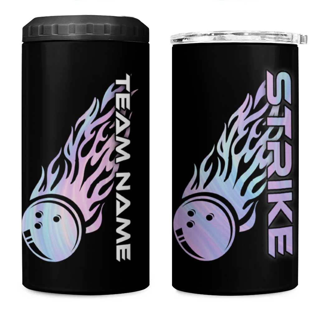 Bowling Strike Graphic 4 in 1 Can Cooler Tumbler Custom Flaming Ball and Pastel Gradient Swirl Pattern Design - Wonder Print Shop