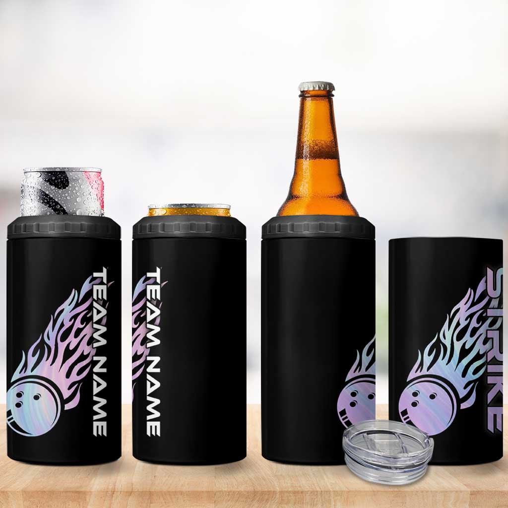 Bowling Strike Graphic 4 in 1 Can Cooler Tumbler Custom Flaming Ball and Pastel Gradient Swirl Pattern Design - Wonder Print Shop