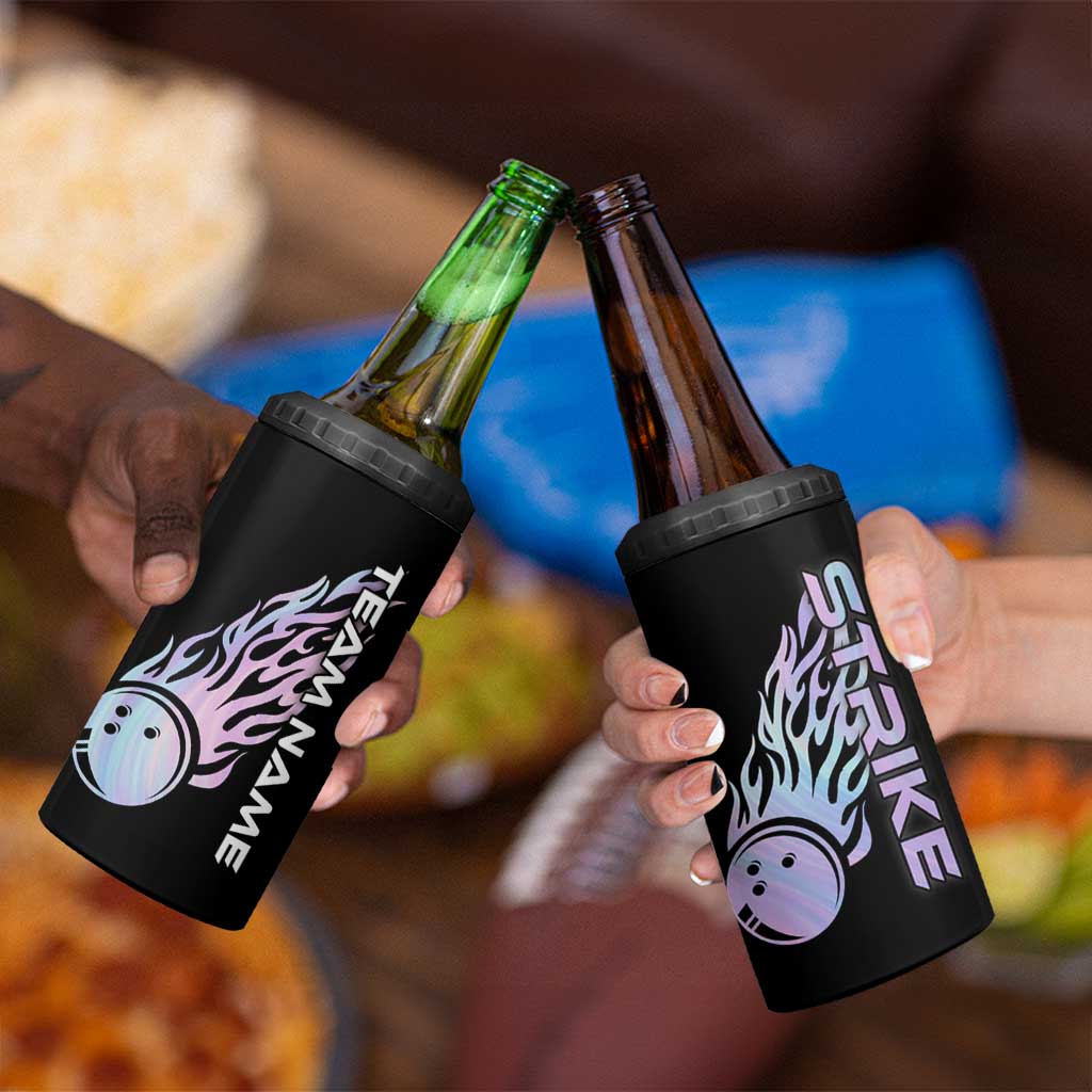 Bowling Strike Graphic 4 in 1 Can Cooler Tumbler Custom Flaming Ball and Pastel Gradient Swirl Pattern Design - Wonder Print Shop
