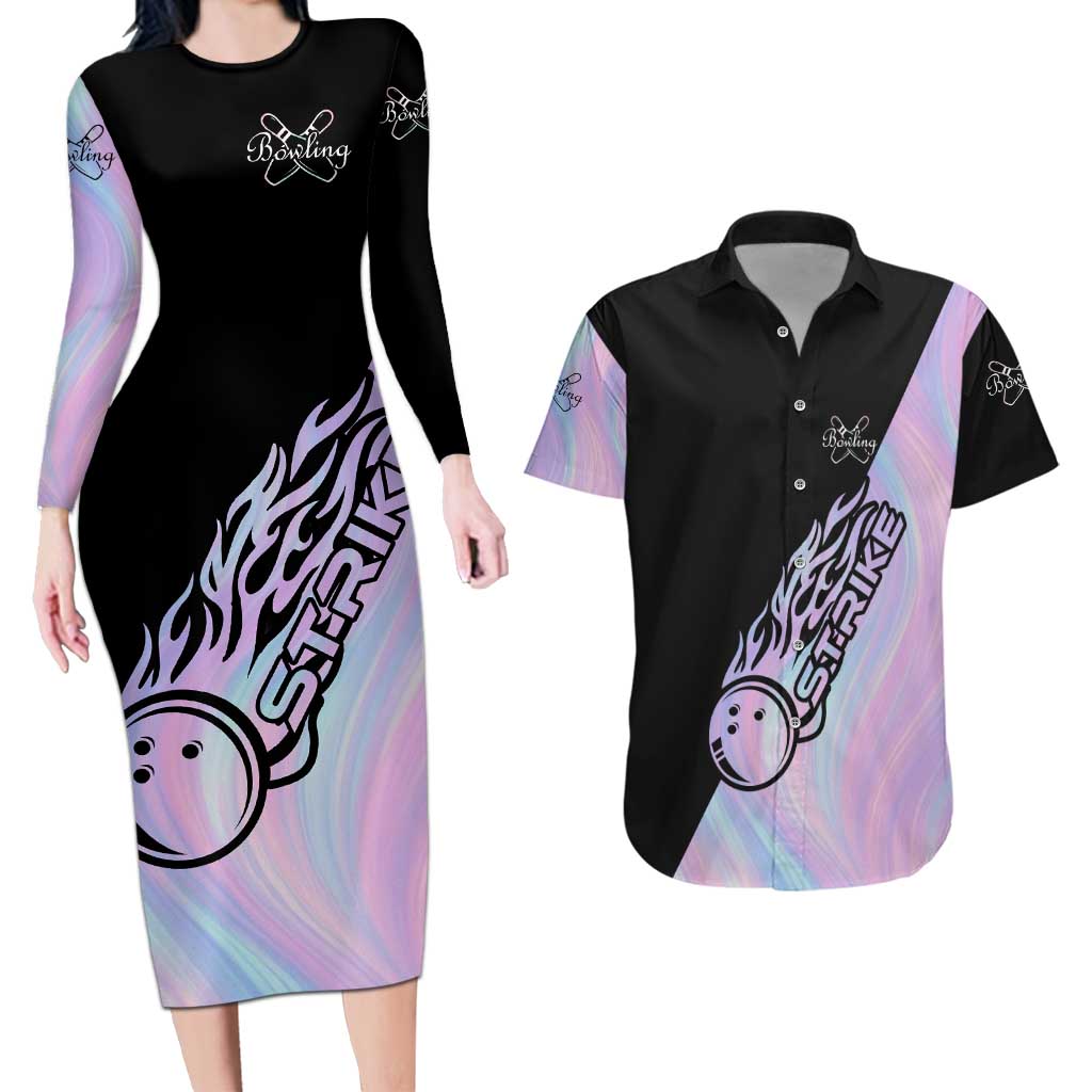 Bowling Strike Graphic Couples Matching Long Sleeve Bodycon Dress and Hawaiian Shirt Custom Flaming Ball and Pastel Gradient Swirl Pattern Design - Wonder Print Shop