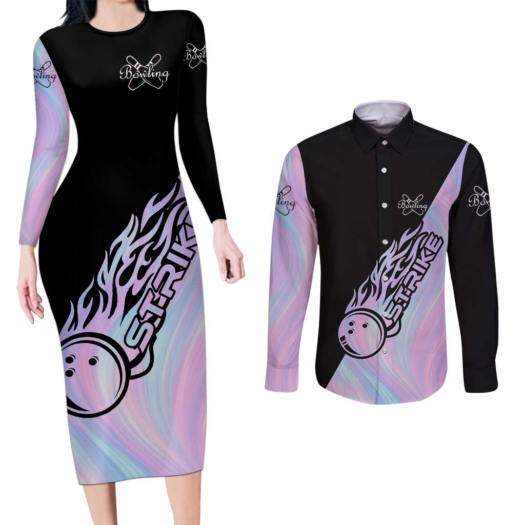 Bowling Strike Graphic Couples Matching Long Sleeve Bodycon Dress and Long Sleeve Button Shirt Custom Flaming Ball and Pastel Gradient Swirl Pattern Design - Wonder Print Shop