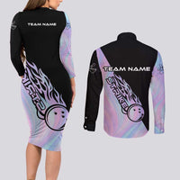 Bowling Strike Graphic Couples Matching Long Sleeve Bodycon Dress and Long Sleeve Button Shirt Custom Flaming Ball and Pastel Gradient Swirl Pattern Design - Wonder Print Shop