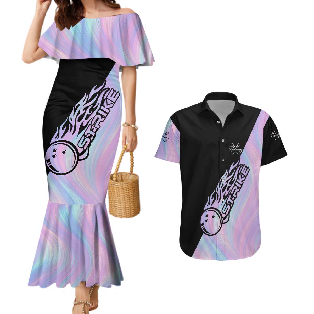 Bowling Strike Graphic Couples Matching Mermaid Dress and Hawaiian Shirt Custom Flaming Ball and Pastel Gradient Swirl Pattern Design - Wonder Print Shop