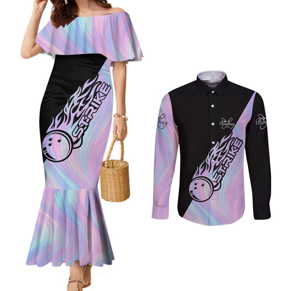Bowling Strike Graphic Couples Matching Mermaid Dress and Long Sleeve Button Shirt Custom Flaming Ball and Pastel Gradient Swirl Pattern Design - Wonder Print Shop
