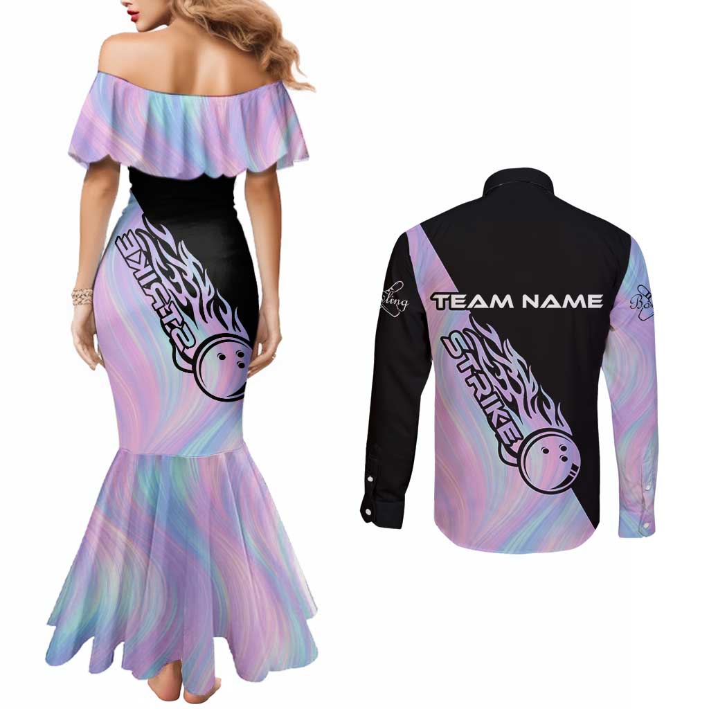 Bowling Strike Graphic Couples Matching Mermaid Dress and Long Sleeve Button Shirt Custom Flaming Ball and Pastel Gradient Swirl Pattern Design - Wonder Print Shop