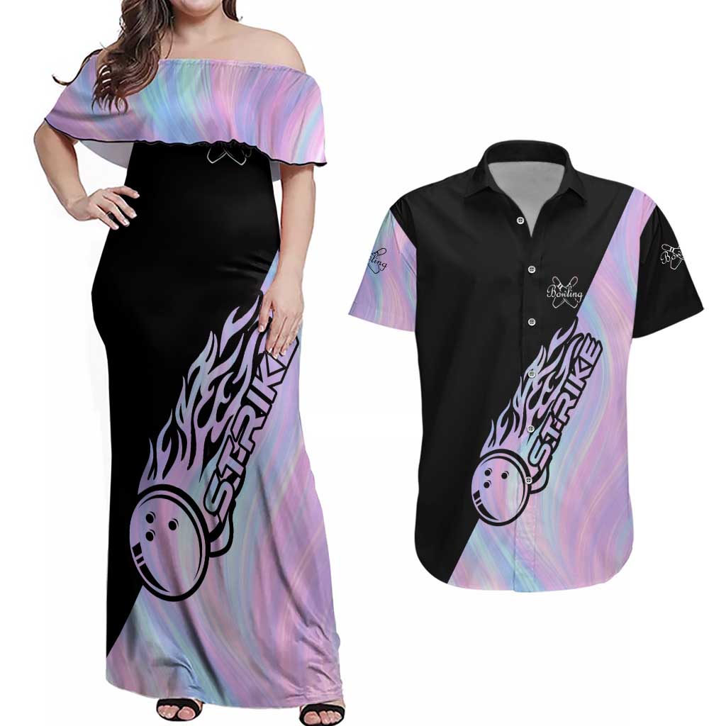 Bowling Strike Graphic Couples Matching Off Shoulder Maxi Dress and Hawaiian Shirt Custom Flaming Ball and Pastel Gradient Swirl Pattern Design - Wonder Print Shop