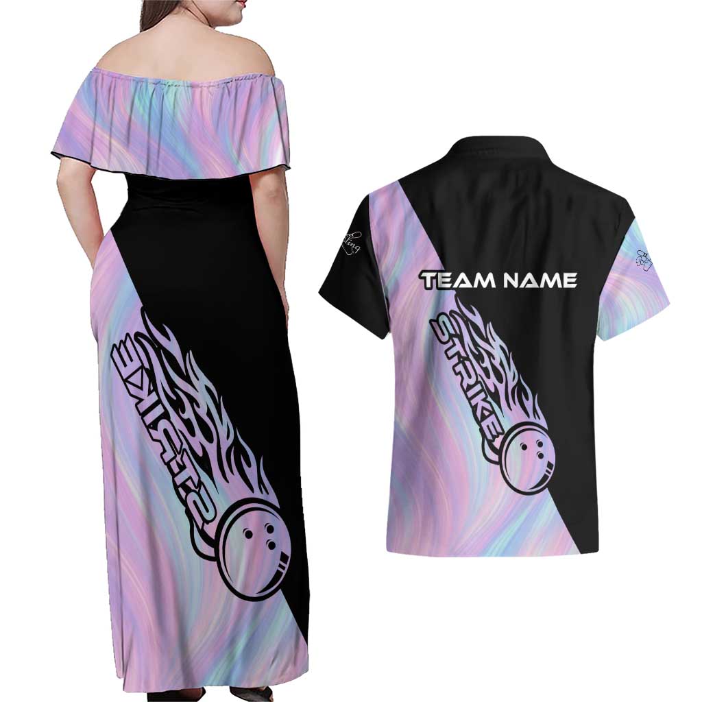 Bowling Strike Graphic Couples Matching Off Shoulder Maxi Dress and Hawaiian Shirt Custom Flaming Ball and Pastel Gradient Swirl Pattern Design - Wonder Print Shop