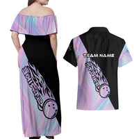 Bowling Strike Graphic Couples Matching Off Shoulder Maxi Dress and Hawaiian Shirt Custom Flaming Ball and Pastel Gradient Swirl Pattern Design - Wonder Print Shop