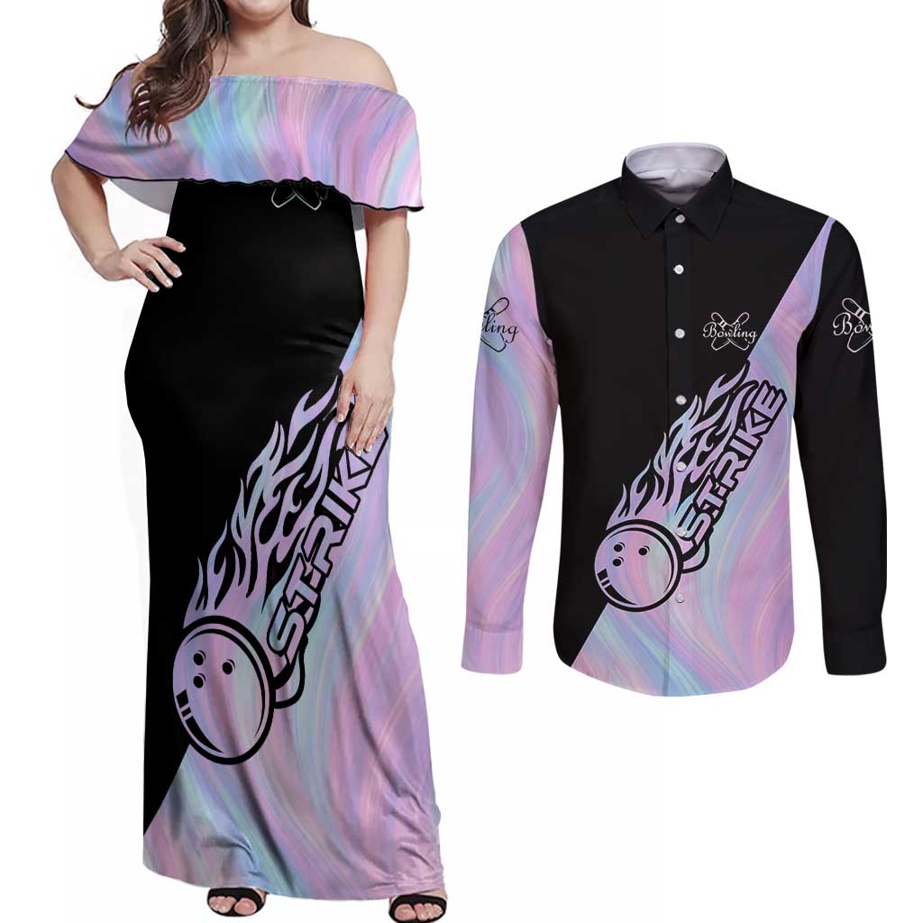 Bowling Strike Graphic Couples Matching Off Shoulder Maxi Dress and Long Sleeve Button Shirt Custom Flaming Ball and Pastel Gradient Swirl Pattern Design - Wonder Print Shop