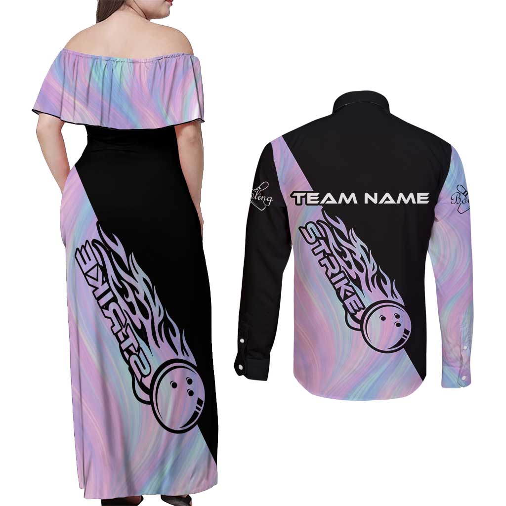 Bowling Strike Graphic Couples Matching Off Shoulder Maxi Dress and Long Sleeve Button Shirt Custom Flaming Ball and Pastel Gradient Swirl Pattern Design - Wonder Print Shop