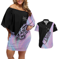 Bowling Strike Graphic Couples Matching Off Shoulder Short Dress and Hawaiian Shirt Custom Flaming Ball and Pastel Gradient Swirl Pattern Design - Wonder Print Shop