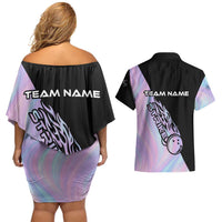 Bowling Strike Graphic Couples Matching Off Shoulder Short Dress and Hawaiian Shirt Custom Flaming Ball and Pastel Gradient Swirl Pattern Design - Wonder Print Shop