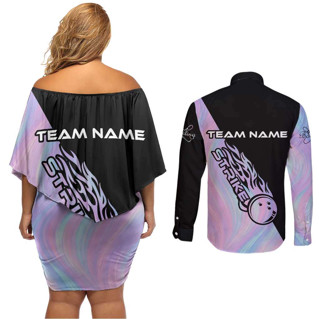 Bowling Strike Graphic Couples Matching Off Shoulder Short Dress and Long Sleeve Button Shirt Custom Flaming Ball and Pastel Gradient Swirl Pattern Design - Wonder Print Shop