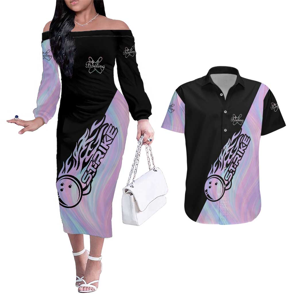 Bowling Strike Graphic Couples Matching Off The Shoulder Long Sleeve Dress and Hawaiian Shirt Custom Flaming Ball and Pastel Gradient Swirl Pattern Design - Wonder Print Shop
