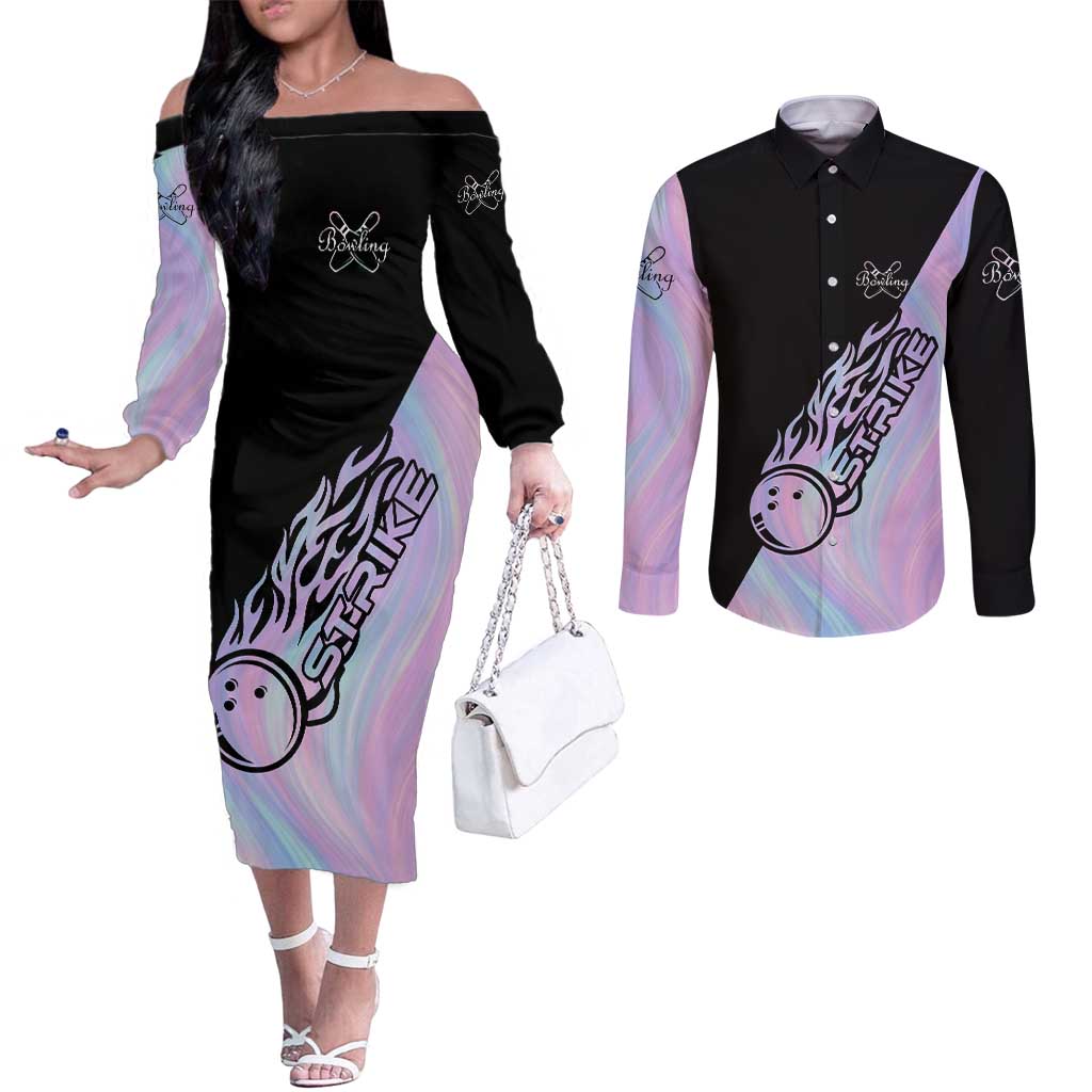 Bowling Strike Graphic Couples Matching Off The Shoulder Long Sleeve Dress and Long Sleeve Button Shirt Custom Flaming Ball and Pastel Gradient Swirl Pattern Design - Wonder Print Shop